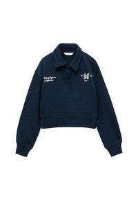Felpa cropped blu navy con colletto, logo ricamato bianco, testo e stelle. Realizzata in un tessuto morbido con polsini a coste.