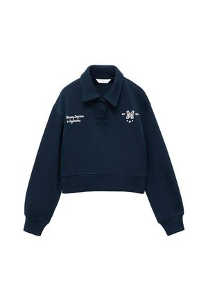 Sweat-shirt court bleu marine avec col, logo brodé blanc, texte et étoiles. Fabriqué dans un tissu lisse avec des poignets côtelés.