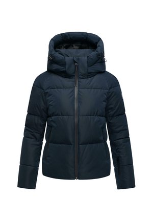 Marineblå dunjakke med høj krave og hætte. Vatteret design, frontlynlås og sidelommer. Materialet synes blødt og isoleret.
