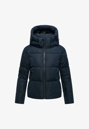 Tumesinine puffer-jakk kõrge kraega ja kapuutsiga. Tikkimine, eesne lukuga ja küljetaskud. Materjal näeb välja pehme ja soojaisolatsiooniga.