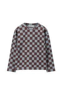 Langsleeve top in een blauw en bruin ruitpatroon, gemaakt van ribstof. Beschikt over een ronde hals en een ontspannen pasvorm.