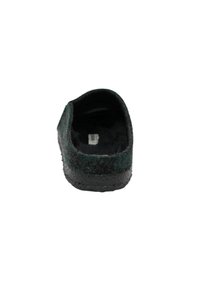 Dark green felt slipper with a rounded back, soft inner lining, and a textured black sole. No visible branding or patterns.