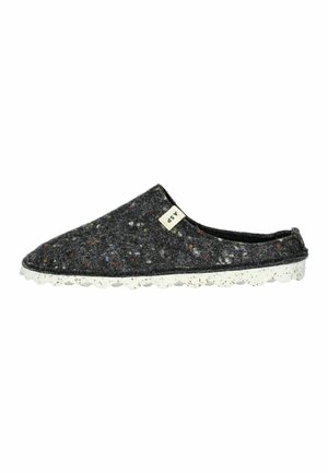 Zapatilla individual gris de fieltro con motas multicolor y suela blanca moteada, mostrada desde vista lateral.