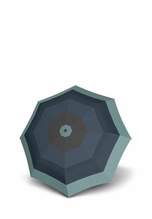 Parasol featuring an octagonal shape with shades of teal and dark gray. Made of fabric with smooth texture and a central pole.