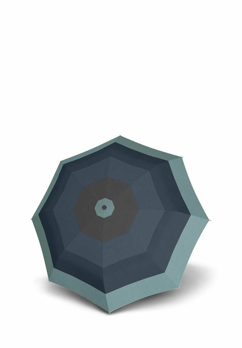 Parasol featuring an octagonal shape with shades of teal and dark gray. Made of fabric with smooth texture and a central pole.