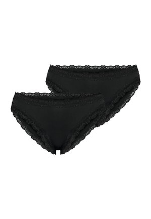 Zwei schwarze Damen-Bikinihöschen mit Spitzenbesatz nebeneinander auf weißem Hintergrund.