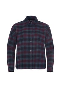 Camicia da uomo a quadri in flanella, con controlli in marrone scuro e verde petrolio, chiusura a bottoni sul davanti, colletto e maniche lunghe. Tessuto testurizzato.