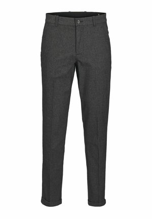 Pantalones de mezcla de lana grises con un acabado texturizado, corte slim, cierre clásico de botón y dobladillos enrollados. Diseño de pierna recta con bolsillos frontales.