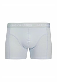 Helleblaue Boxershorts mit einem weichen elastischen Bund, der den Text "JACK & JONES" trägt. Hergestellt aus dehnbarem Stoff mit einer glatten Textur.