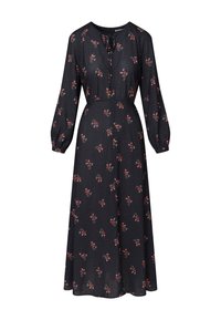 Zwarte bloemenjurk met lange mouwen, een v-halslijn en een trekkoord in de taille. Heeft kleine rode en witte bloemenpatronen.