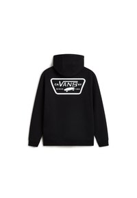 Sudadera negra con capucha y un gran gráfico blanco en la parte posterior que presenta "VANS" y una patineta, hecha de una tela suave y con un corte relajado.