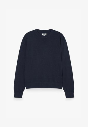 Pull bleu marine à col rond, manches longues avec poignets et ourlet côtelés, design uni, présenté sur fond blanc.