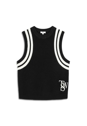Top senza maniche lavorato a maglia nero con accenti a righe bianche e un'etichetta logo sul davanti, con scollatura e orlo a costine.