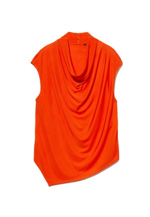 Débardeur orange sans manches avec un décolleté drapé et un ourlet arrondi. Fabriqué dans un tissu lisse avec un léger éclat. Fermeture zippée au dos.
