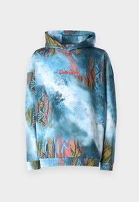 Felpa con cappuccio dallo sfondo blu tie-dye, motivi astratti multicolori e ricamo rosso "Colo Coluci" sul petto.