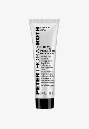 Silvery squeeze tube with black cap, labeled “Peter Thomas Roth FIRMx Peeling Gel.” Contains 30 mL of exfoliating gel for all skin types.
