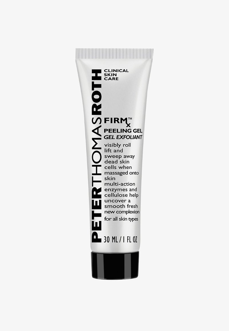 Zilveren knijptube met zwarte dop, gelabeld "Peter Thomas Roth FIRMx Peeling Gel." Bevat 30 mL exfoliërende gel voor alle huidtypes.