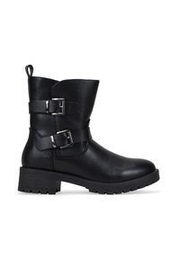 Botas de tobillo negras hechas de cuero sintético, con dos correas ajustables y hebillas de plata, puntera redondeada y suela de goma texturizada.
