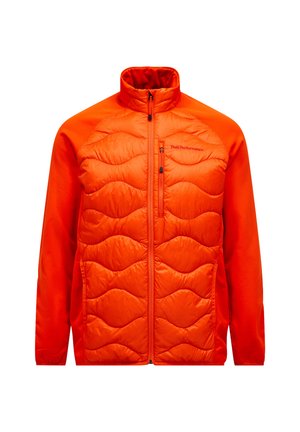 Leuchtend orangefarbene isolierte Jacke mit gestepptem Vorderteil, Reißverschluss-Brusttasche, durchgehendem Reißverschluss und weichen Stoffärmel.