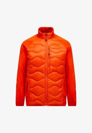 Leuchtend orangefarbene isolierte Jacke mit gestepptem Vorderteil, Reißverschluss-Brusttasche, durchgehendem Reißverschluss und weichen Stoffärmel.