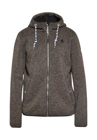 Smeđa zip-up dukserica s mekanom teksturom, koja ima kapuljaču s podesivim vezicom, dva bočna džepa i znak na prsima.