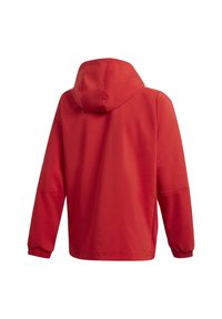 Rød vandtæt jakke med hætte, der har lange ærmer, elastiske manchetter og en glat tekstur. Bagsiden viser et minimalistisk design.