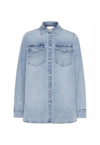 Lyseblå denimskjorte med lange ærmer, to brystlommer, knaplukning og spids krave. Har en let afslappet pasform og falmet tekstur.