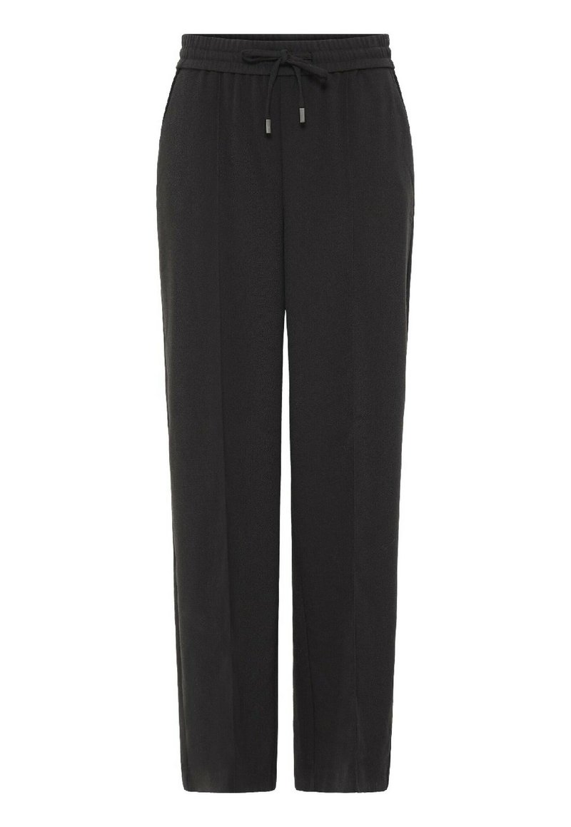 Pantaloni neri dalla vestibilità morbida con vita elastica, coulisse e due tasche laterali. Tessuto liscio e design a gamba dritta.
