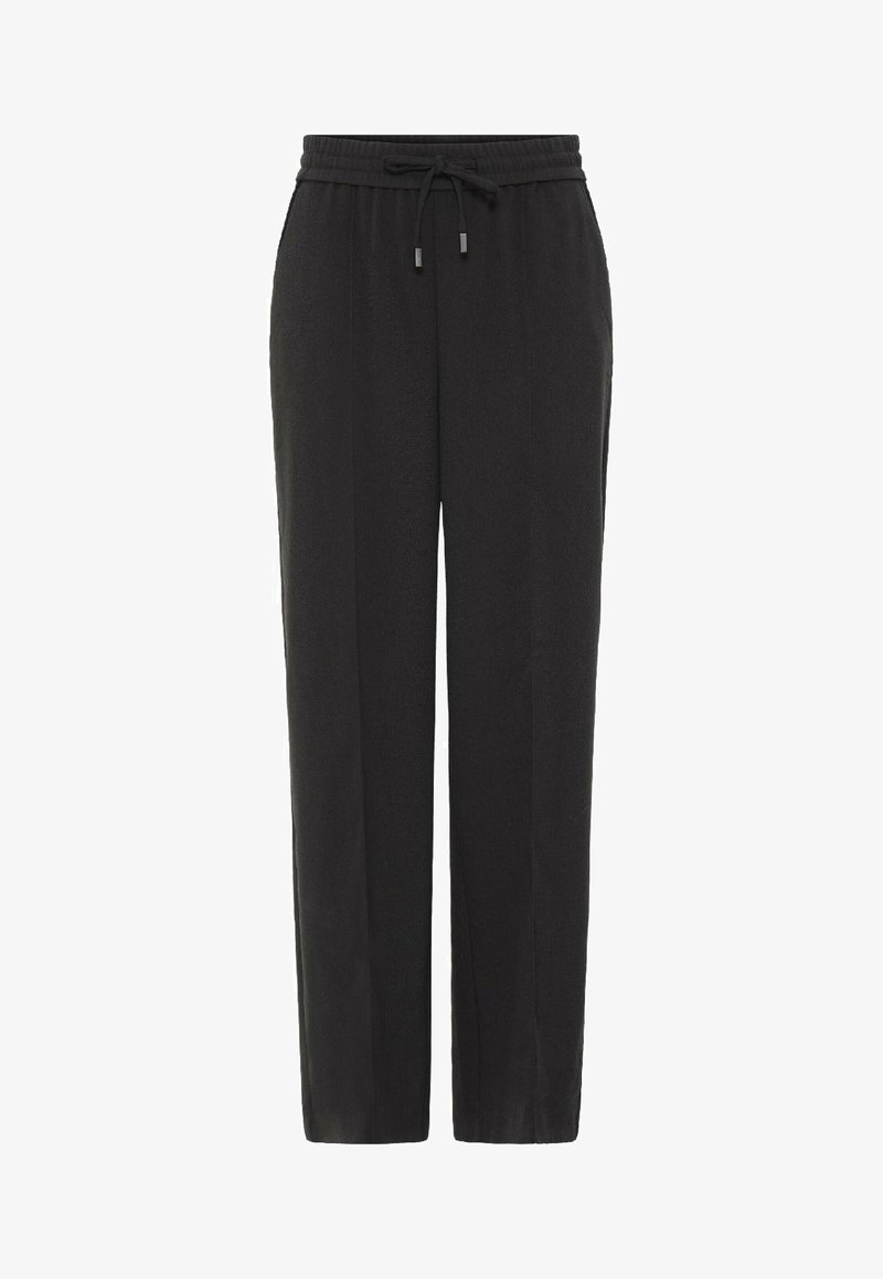Pantaloni neri dalla vestibilità morbida con vita elastica, coulisse e due tasche laterali. Tessuto liscio e design a gamba dritta.