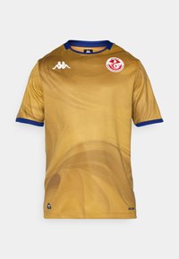 Kuldne lühikeste varrukatega jalgpallijerseys, millel on keerdküsimus, sinine krae ja varrukaotsad, Kappa logo rinnal ning ümmargune embleem vasakul küljel.