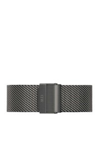 Metal mesh watch strap in dark gray, featuring a rectangular clasp with engraved detail, smooth texture, and woven pattern throughout.