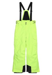Pantalon de neige vert néon haute visibilité avec bretelles noires réglables, devant à boutons et fermeture éclair, poches cargo latérales, et poignets noirs renforcés.