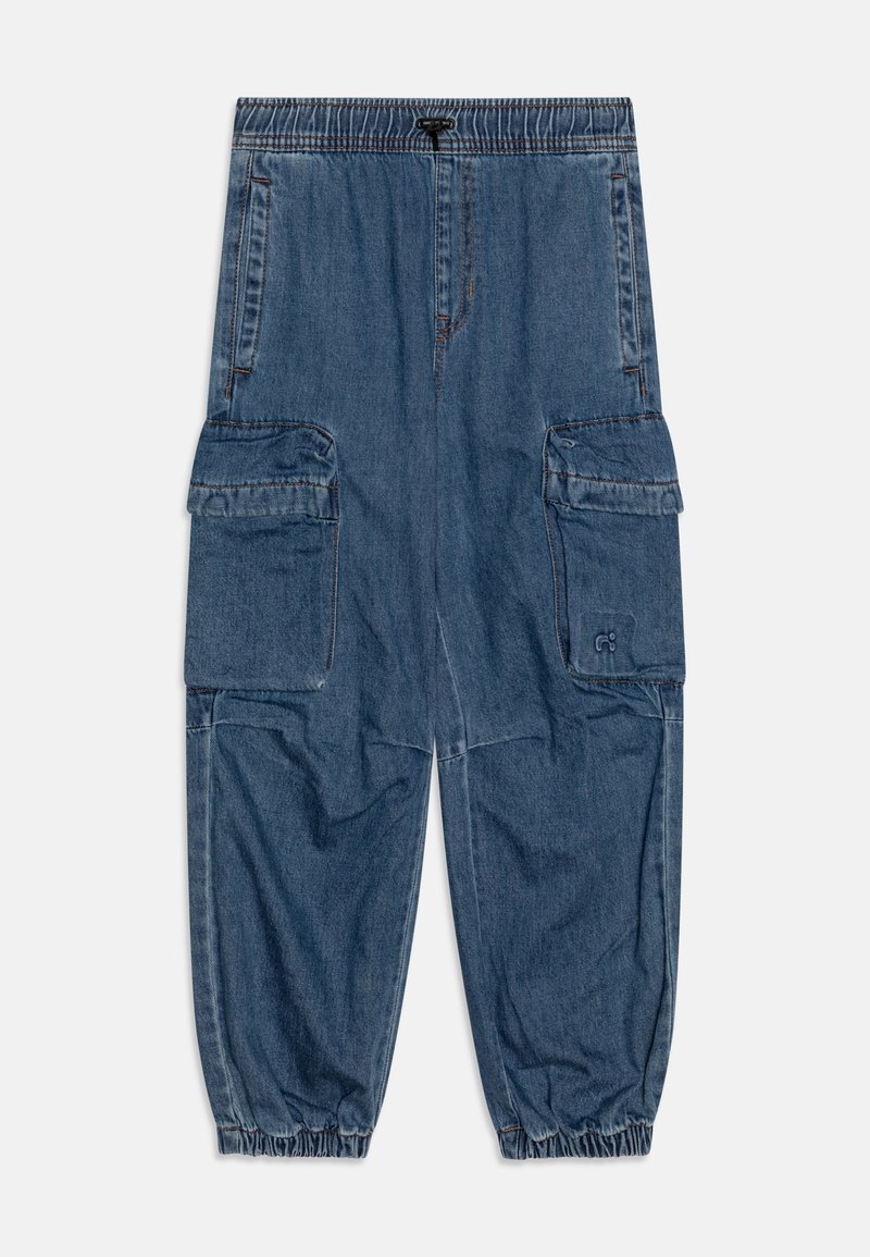 Pantalon cargo en jean bleu foncé, doté d'une taille élastique, de deux poches latérales et de deux grandes poches cargo avec des poignets élastiques aux chevilles.