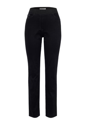 Black denim pants with a stretchy waistband, slim fit, and subtle stitching details. Two front pockets and a smooth texture.
