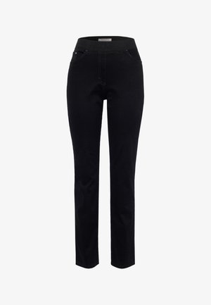Black denim pants with a stretchy waistband, slim fit, and subtle stitching details. Two front pockets and a smooth texture.