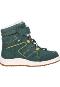 Groene waterdichte enkellaars met een zachte witte voering, voorzien van gele accenten, een verstelbare band en een gestructureerde rubberen zool voor grip.