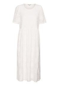 Valkoinen pitsimekko, jossa on pyöreä kaula-aukko, lyhyet hihat ja rypytetty vyötärö, kukkakuosisena ja polvipituinen helma.