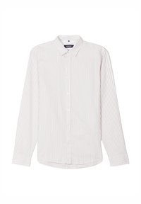 Weißes Hemd mit knöpfen, das dünne vertikale Streifen in hellgrau und beige aufweist. Klassischer Kragen, lange Ärmel und abgerundeter Saum. Weiche Stofftextur.