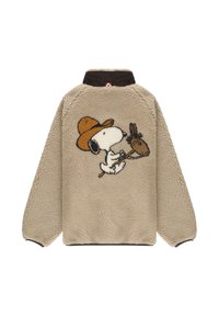 Maglione beige in pile con colletto in velluto a coste marrone. Sul retro è ricamato Snoopy con un cappello da cowboy che tiene un giocattolo a forma di cavallo a bastone.