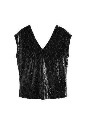Top noir sans manches à col en V, recouvert de sequins brillants, avec une coupe ajustée et un ourlet droit.