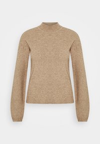 Jasnobrązowy sweter z dzianiny o wysokim kołnierzu i długich rękawach, z teksturowanym wzorem na całej powierzchni. Klasyczny fason i miękki materiał.