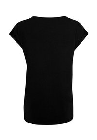 Black short-sleeve t-shirt with a round neckline, made of soft, stretchy fabric. Smooth texture and relaxed fit. Plain design without patterns.