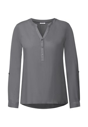 Dark gray long-sleeve blouse with a V-neckline, three-button placket, and roll-up sleeve tabs. Smooth fabric with a slightly shiny finish.