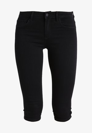 Black denim capri jeans with a fitted design, featuring front pockets, a button fly, and cuffed hems for a streamlined look.