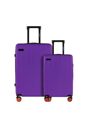 Two purple suitcases in varying sizes, featuring a textured surface, black retractable handles, and orange wheels.