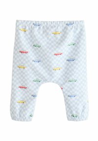 Lichtblauwe broek met een geblokt patroon, voorzien van kleurrijke autopictogrammen. Elastische tailleband en boorden voor een comfortabele pasvorm.