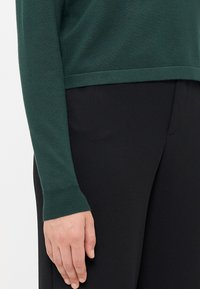 Pull en maille vert avec un ourlet et des poignets côtelés, associé à un pantalon noir, mettant en valeur une texture lisse et une coupe ajustée.