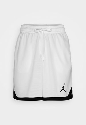 Witte basketbalshorts met zwarte bies aan de zoom, elastische tailleband met trekkoord en zwart Jumpman-logo op het linkerbeen.