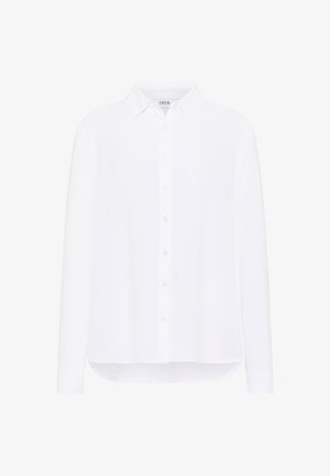 Weißes Langarmhemd mit Button-down-Kragen, Knopfleiste vorne und abgerundetem Saum. Aus weichem Stoff gefertigt. Keine Muster oder Akzente.