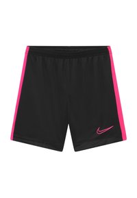 Pantalones cortos deportivos negros con paneles laterales rosas y un pequeño logo de Nike rosa en la parte delantera. Fabricados con material ligero y transpirable.